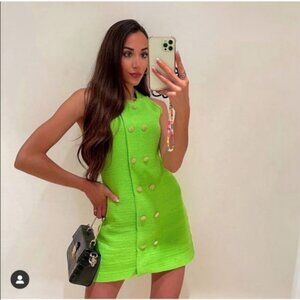 NWT ZARA Textured Weave Dress With Buttons M Green